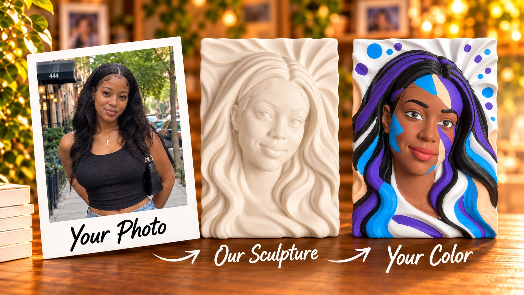 A reference photo beside its unpainted and artist-painted portrait reliefs.