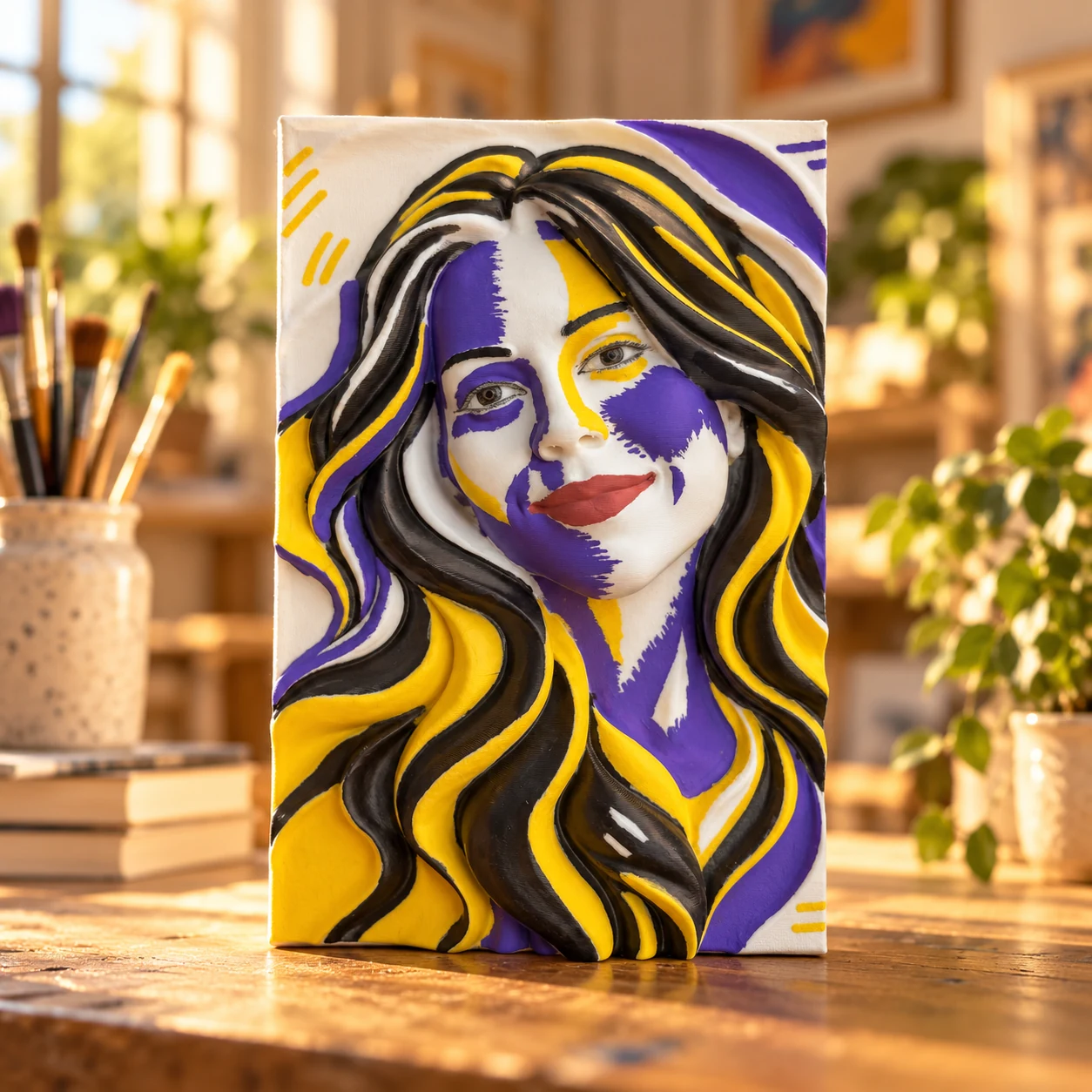A portrait sculpture with yellow, purple and black painted details on a studio tabletop.
