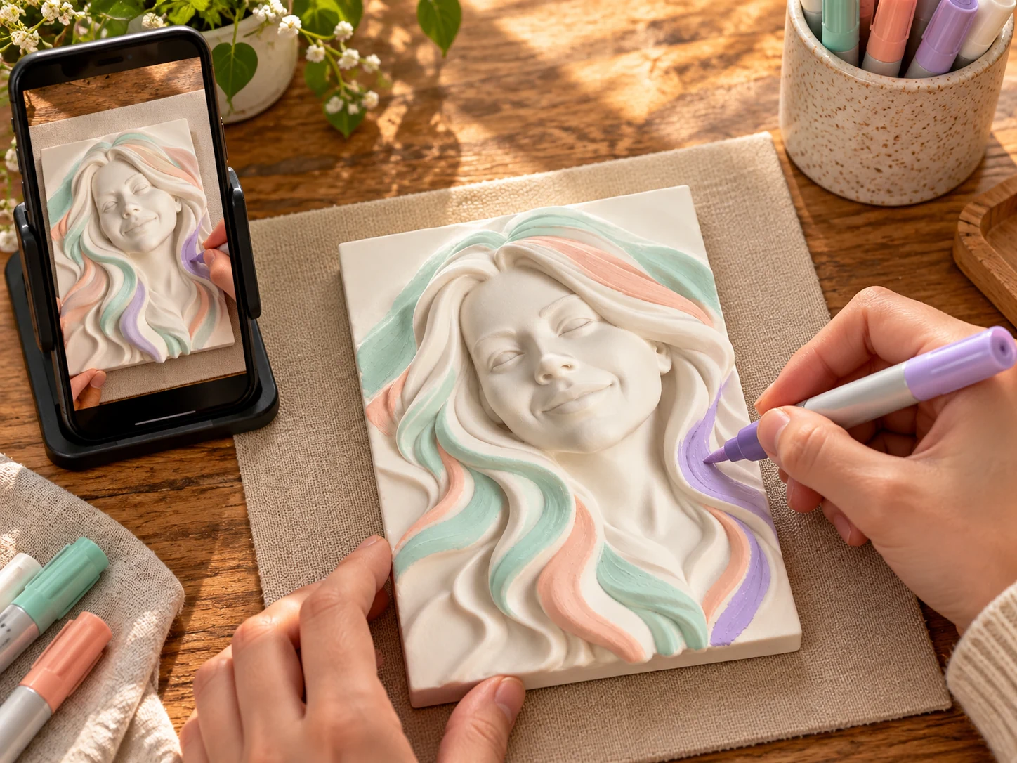 Illustrated recording setup: hands coloring a small ivory portrait relief while a vertical phone records the process.