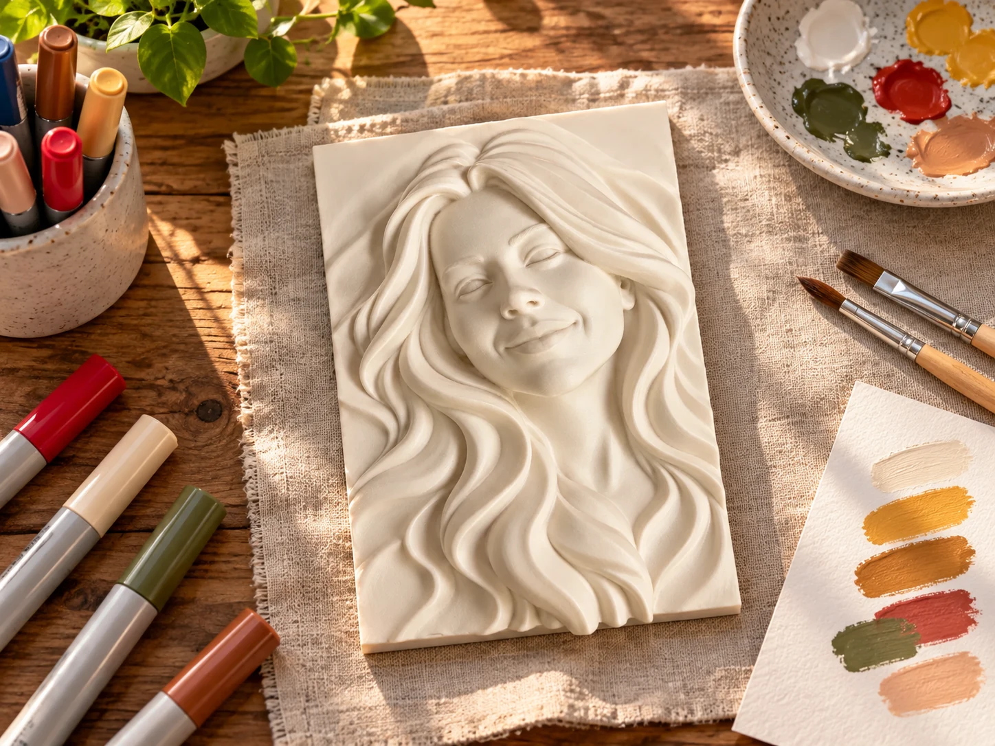 Illustrated painting setup: a small ivory relief on a protective cloth with acrylic markers, brushes, a palette and test paper.