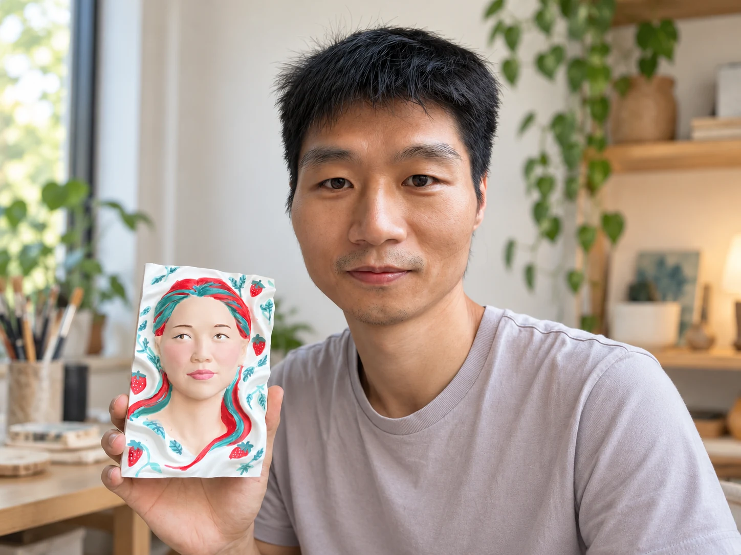 Owen holding a colorful portrait relief in a bright workspace.