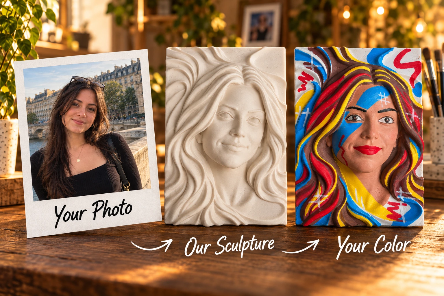 A reference portrait photo beside its unpainted ivory relief and colorful painted version, illustrating the photo-to-sculpture transformation.