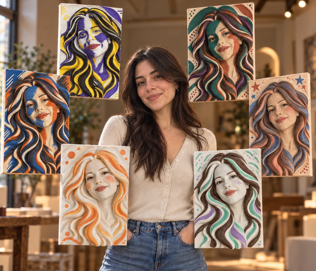 Six rendered color styles for a portrait sculpture, shown around the reference portrait.