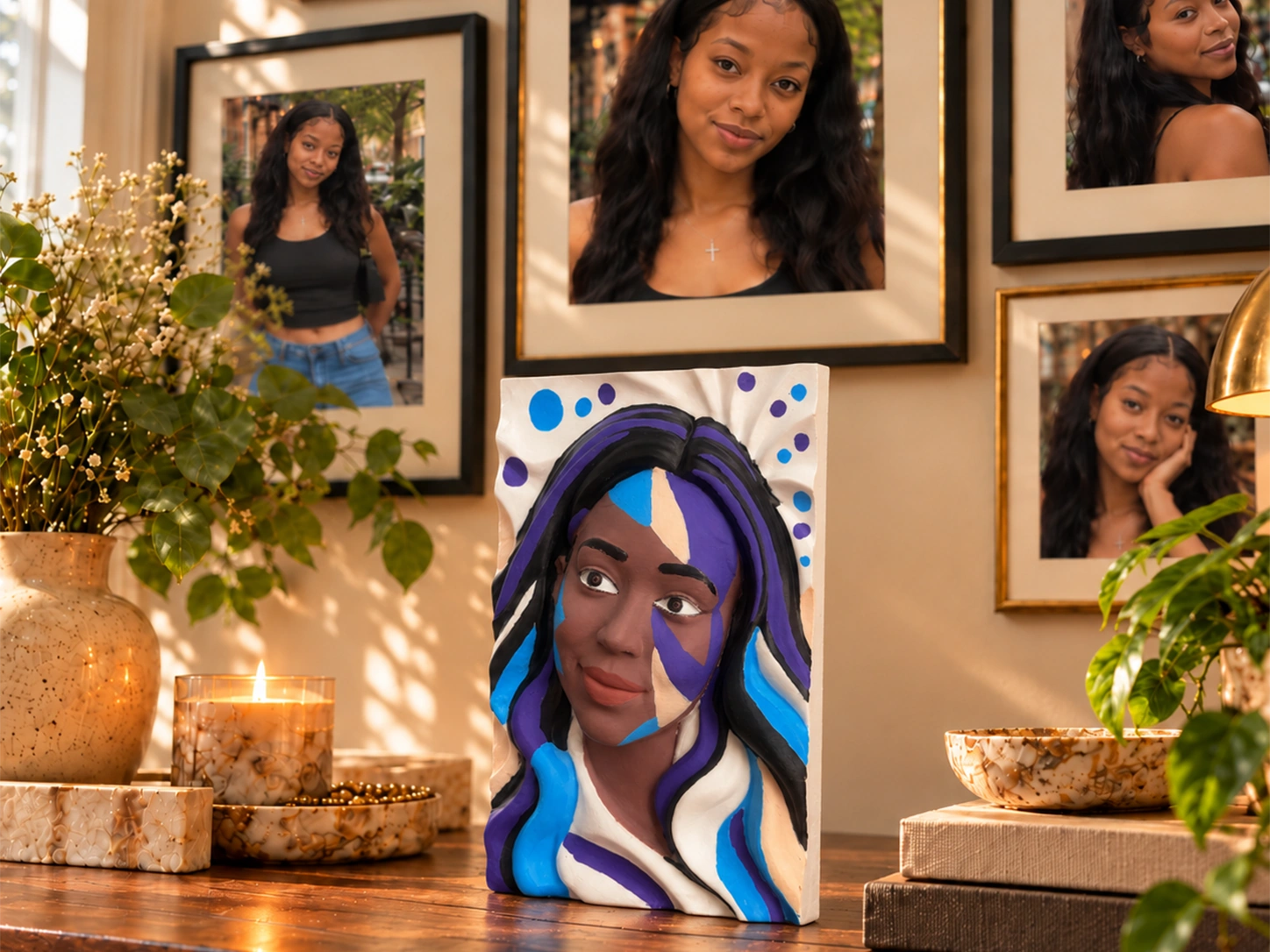 A painted portrait sculpture on a living-room console beside personal photos.