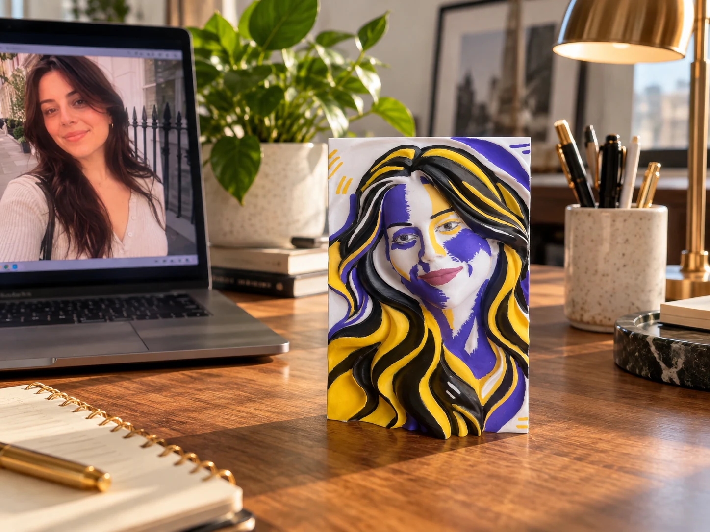 A painted portrait sculpture on a desk beside a laptop and art supplies.