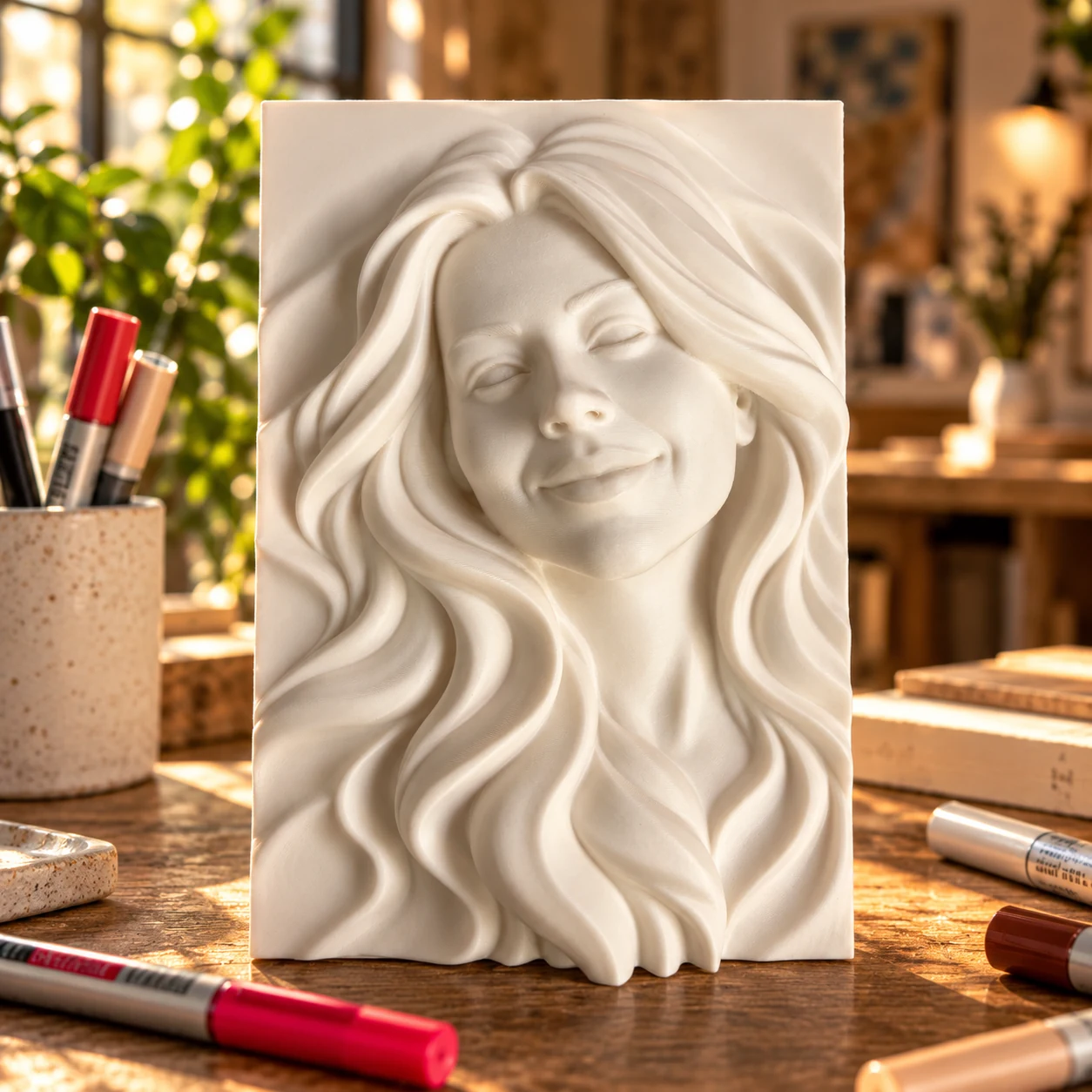 An unpainted ivory portrait relief on a studio table, ready to paint as a personal DIY gift.